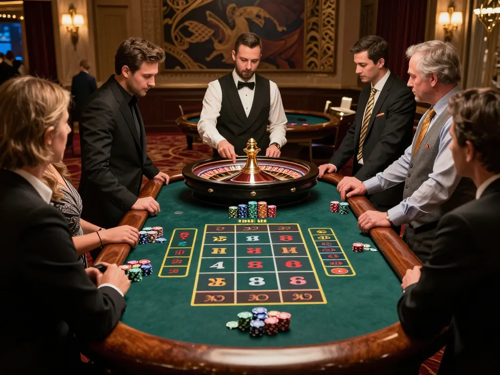 Players engage in a thrilling roulette game at the upscale casino, showcasing rokok 88's vibrant atmosphere.