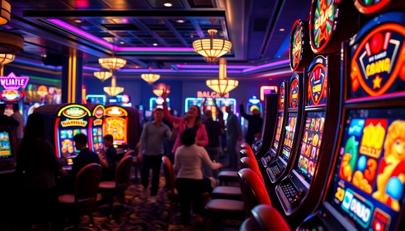 Engaging players enjoying games at a Non gamstop Casino Uk with vibrant slot machines and celebratory atmosphere.