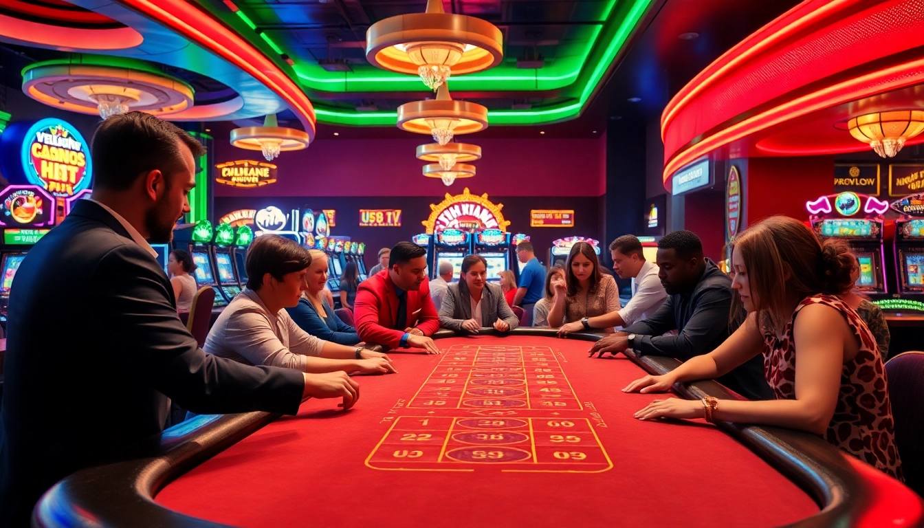 Enjoy vibrant casino excitement with Non gamstop Casino Uk, featuring players and neon ambiance.