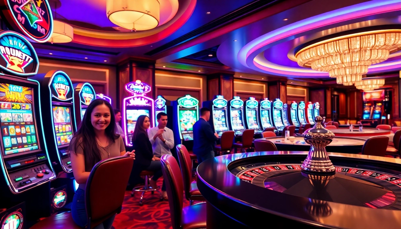 Menampilkan pengalaman bermain bbtn4d di kasino dengan mesin slot yang cerah dan meja roulette.