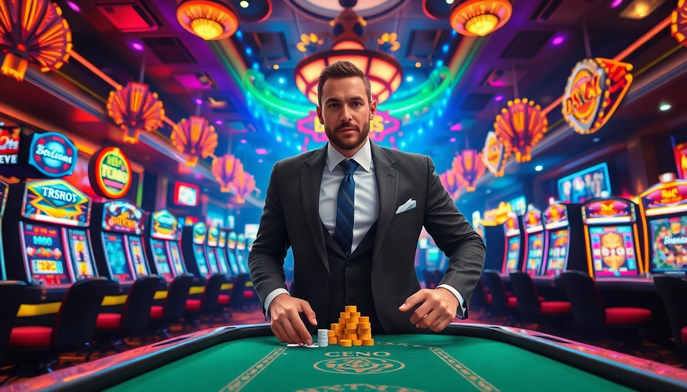 Vegas hero engaging players at a bustling casino table with vibrant lights.