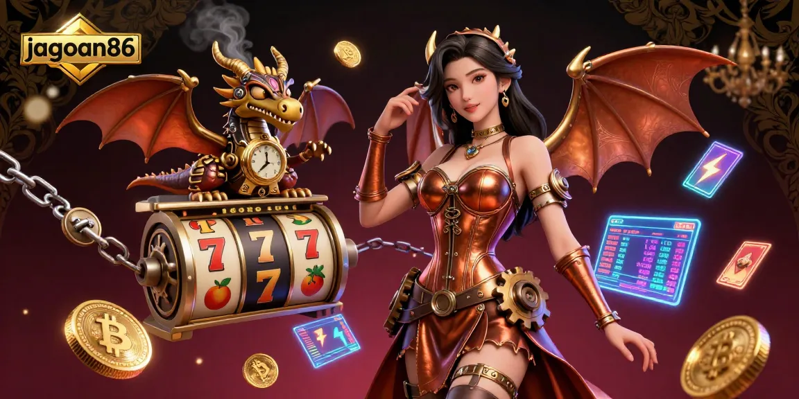 Engage in the thrilling world of gambling with jagoan86's vibrant slot reels and cascading coins.