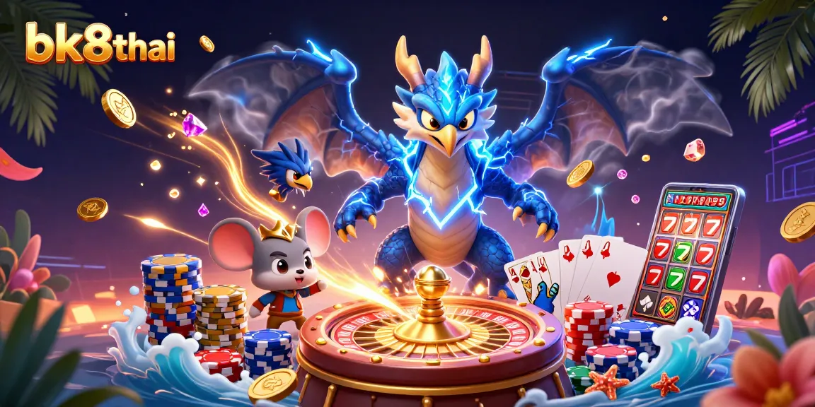 Engage in thrilling gameplay with bk8thai as vibrant dragons and hawks celebrate around casino elements.