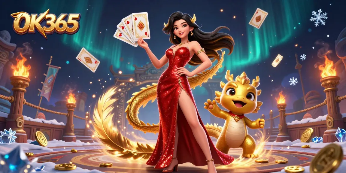 Experience exhilarating gaming at OK365 with a captivating Asian woman and golden dragon, showcasing vibrant casino action.