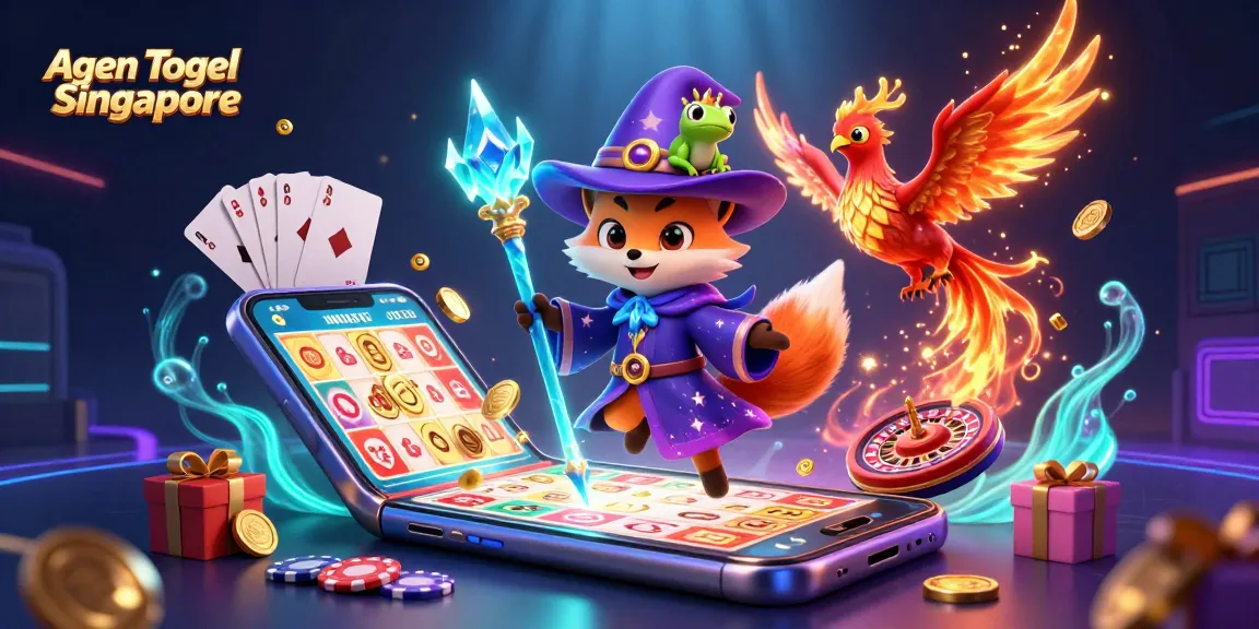 Agen Togel Singapore offers real-time lottery draws with a magical 3D scene featuring a wizard fox and phoenix.