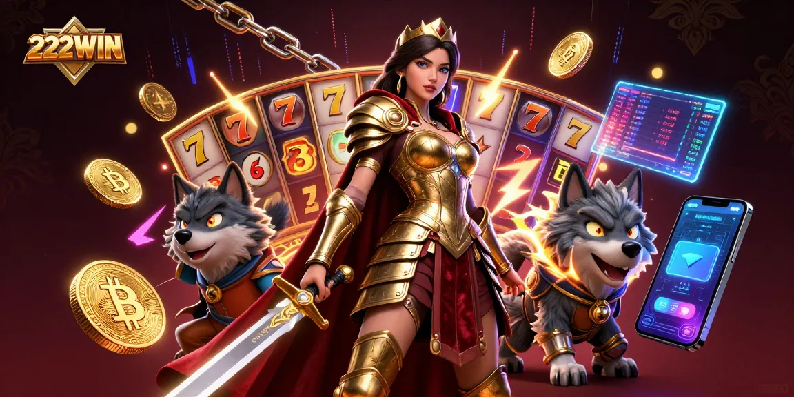 Engage with dynamic slots and casino elements featuring 222WIN in an immersive 3D digital scene.