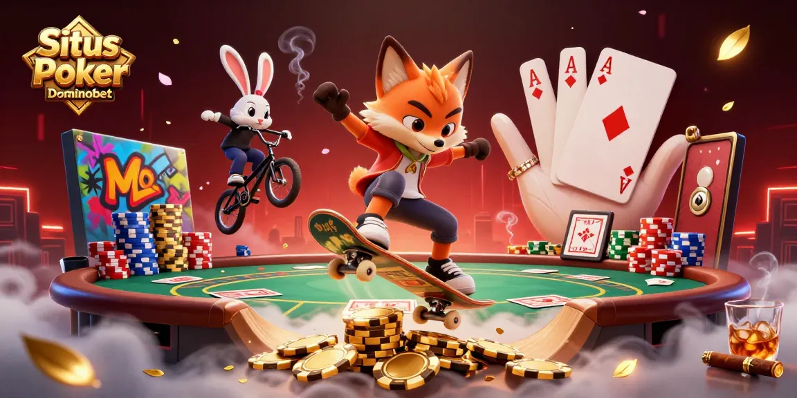 Situs Poker Dominobet showcases vibrant poker action with a skateboarder fox and BMX-riding rabbit.
