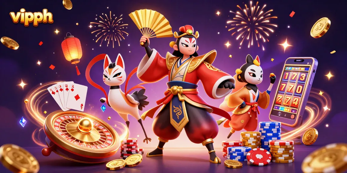 Experience the electrifying vibe of vipph with a dynamic gambling scene featuring a kabuki warrior and thrilling game elements.
