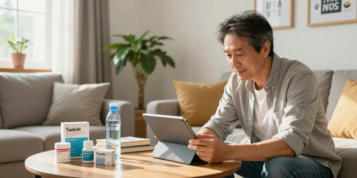 Tadalafil options and benefits explored by a man in a cozy living room, representing comfort and confidence.