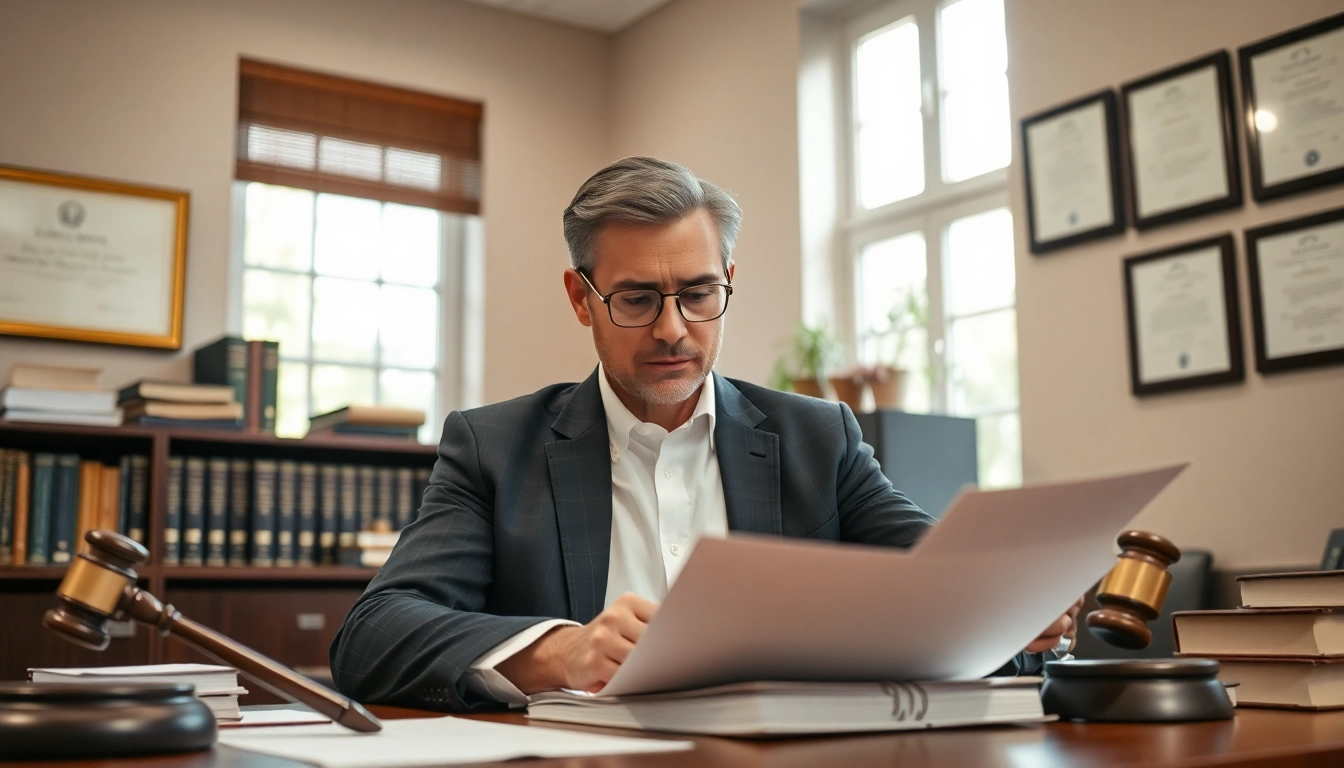 Engaged lawyer reviewing documents on probate in a warm, professional office.