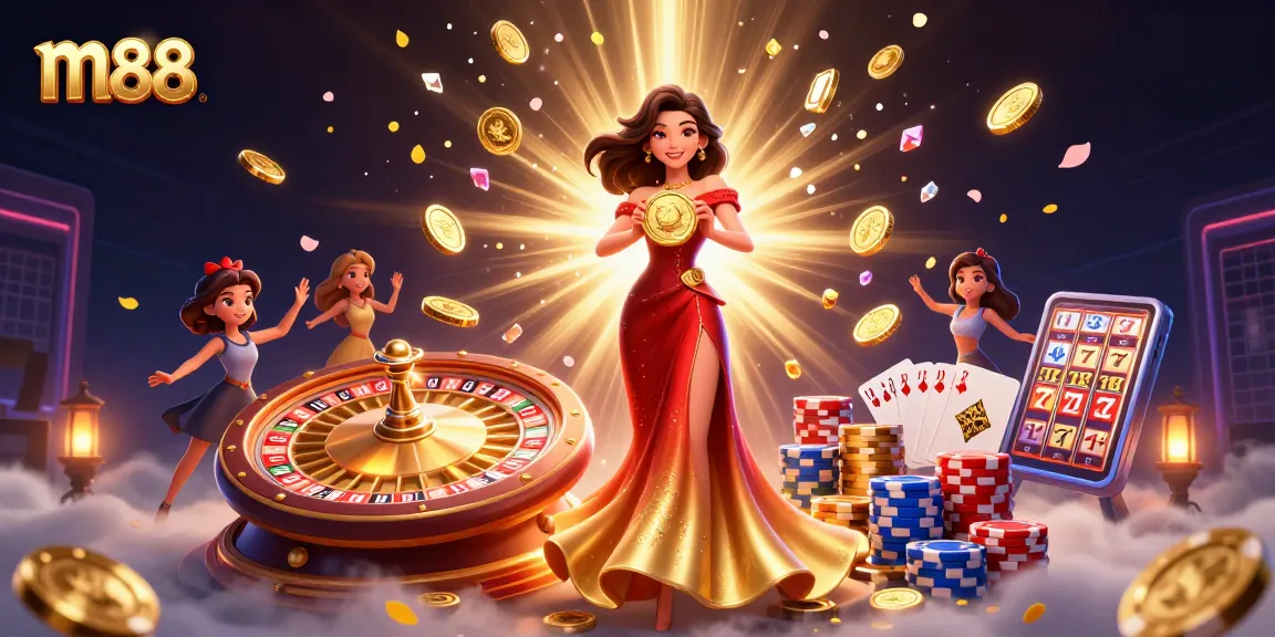 Experience the thrilling world of m88 casino with a stunning golden coin and cascading rewards.