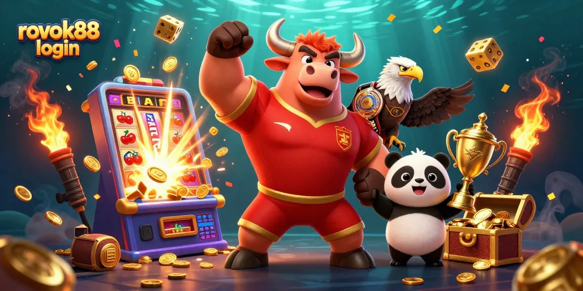 Experience thrilling gaming with rokok88 login as the bull mascot celebrates jackpot wins in a vibrant casino scene.