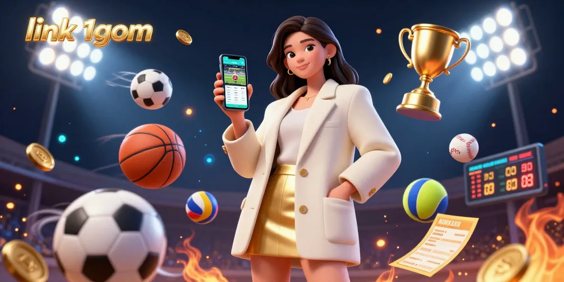 Engage with link 1gom as a friendly Asian woman showcases a sports betting app in a vibrant, energetic scene.