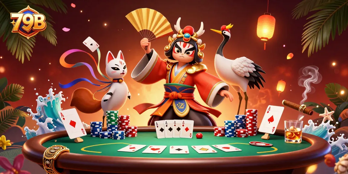 Experience thrilling gameplay at 79B with a vibrant poker scene featuring kabuki warrior characters.