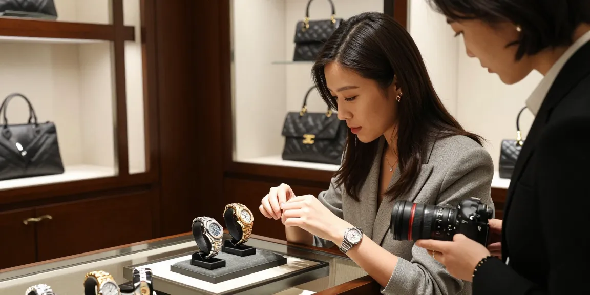 Examining super clone watches in a luxury boutique, showcasing elegance and sophistication.