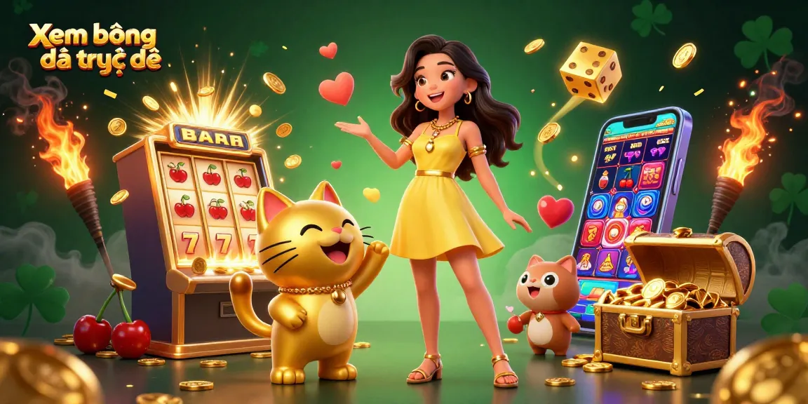 Xem bóng đá trực tiếp with a cheerful Asian woman and a golden lucky cat mascot amidst a burst of golden coins.