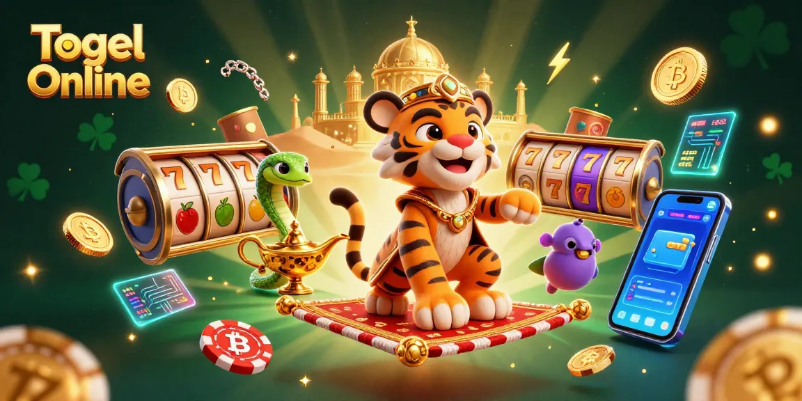 Togel Online captures excitement with a vibrant 3D scene featuring a tiger sultan and flying carpet, filled with jackpot and crypto elements.