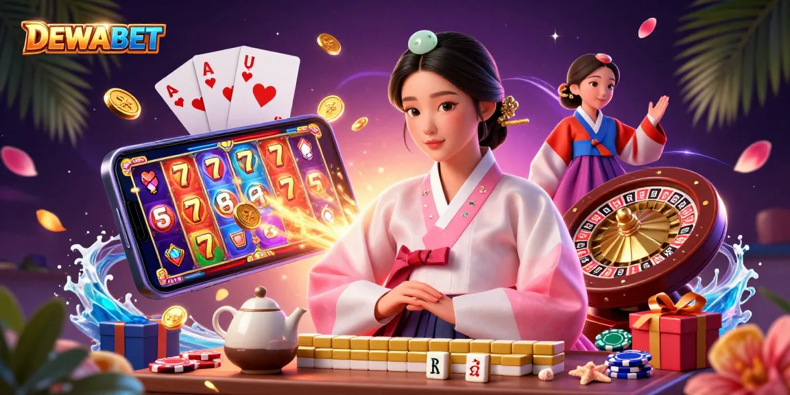 Experience the excitement of DEWABET in this vibrant scene filled with slot games, golden coins, and a serene Korean woman.