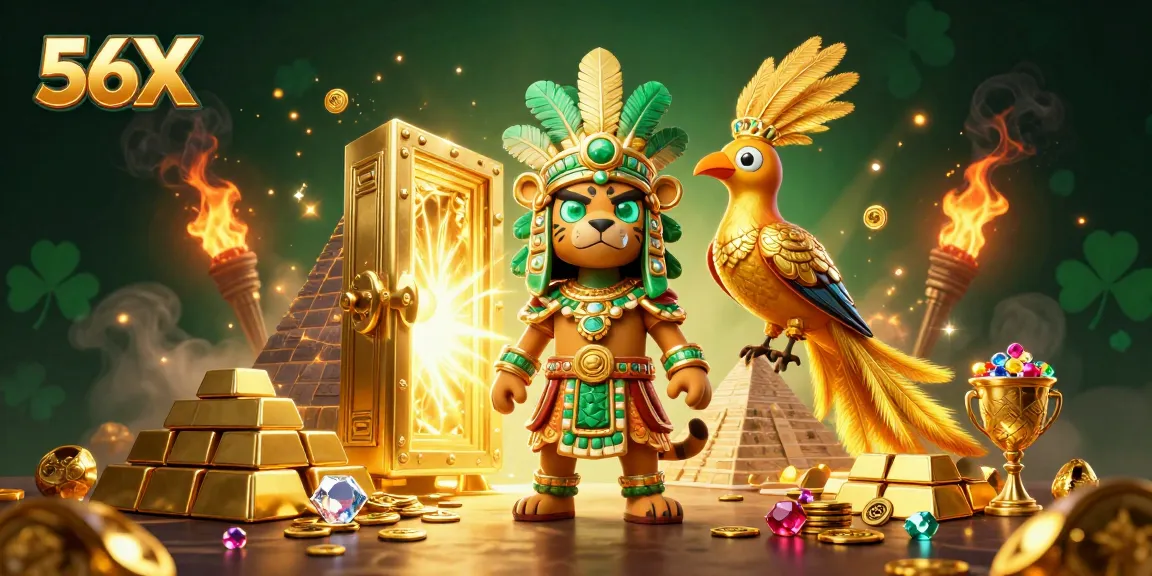 Celebrate vibrant wins at 56X with the Mayan jaguar priest in an enchanting casino scene.