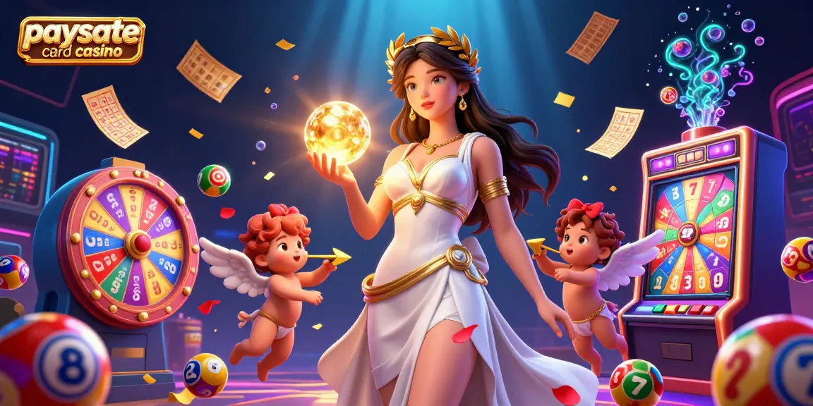 Szene im Paysafe Card Casino mit einer 3D-Göttin, Cherubinen und lebhaften Lotterieelementen, die eine fesselnde Atmosphäre für Online-Glücksspiel schaffen.