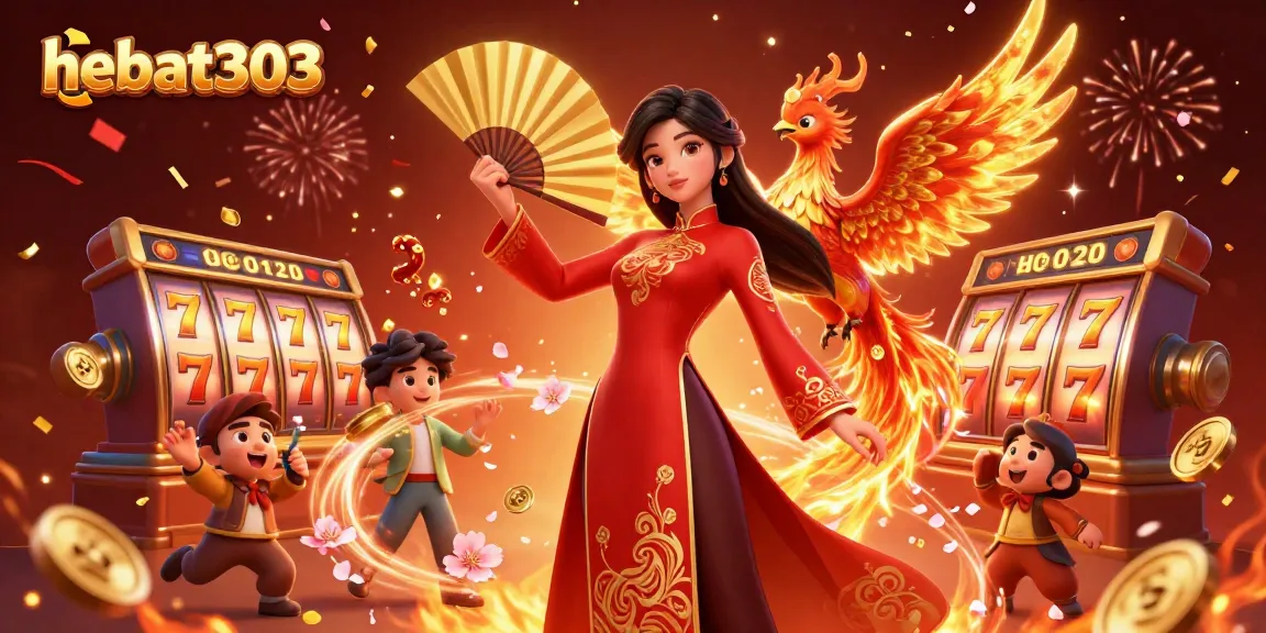Play slots on hebat303 with vibrant 3D graphics featuring a woman in an ao dai.