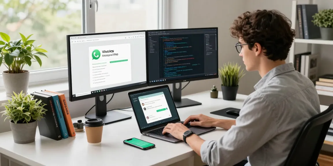 Developer using WhatsApp網頁版 at a modern tech workspace with dual monitors and natural light.
