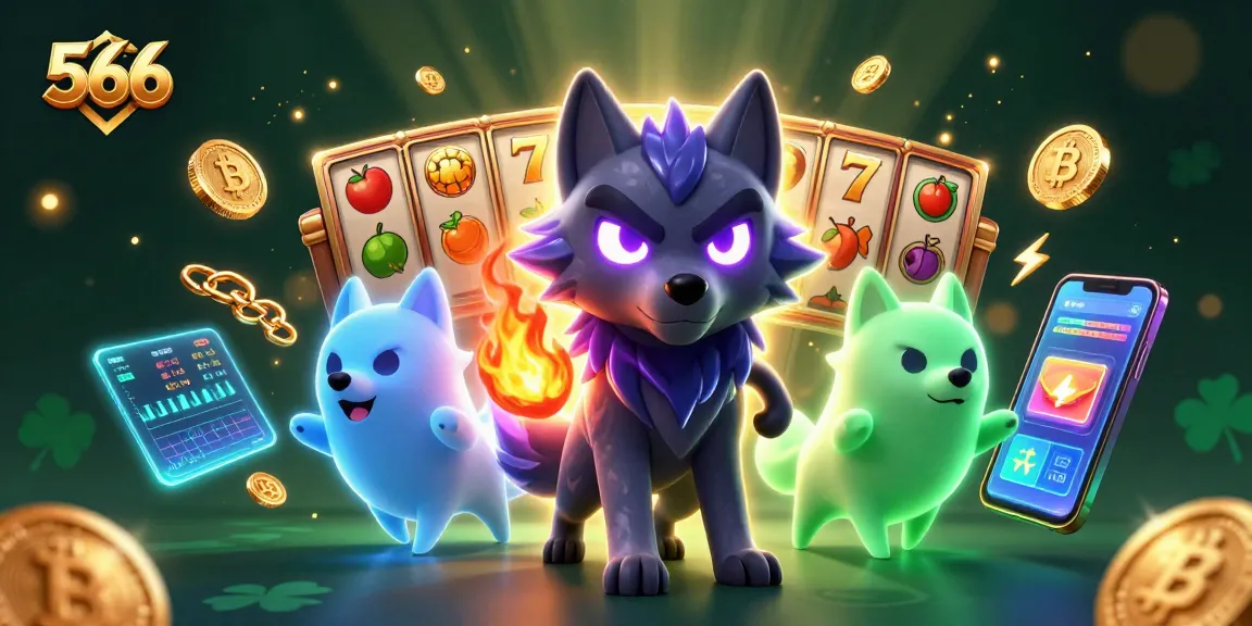 Spin and win at 566 with shadow wolves and vibrant slot reels in a captivating digital scene.