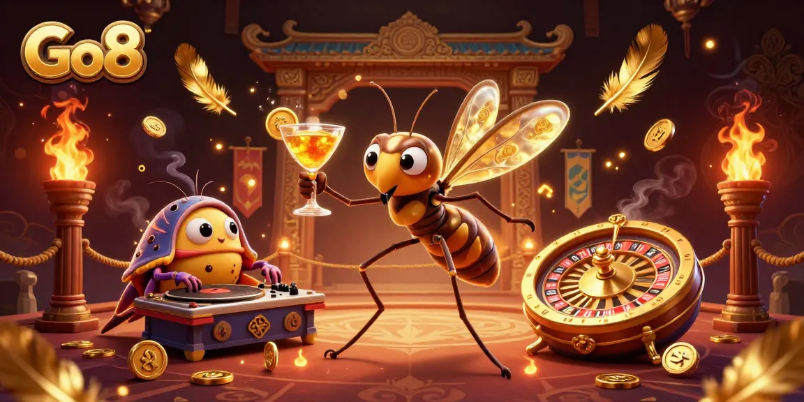 Experience the thrilling Go8 casino atmosphere with a vibrant 3D illustration featuring lively characters and rich gaming elements.