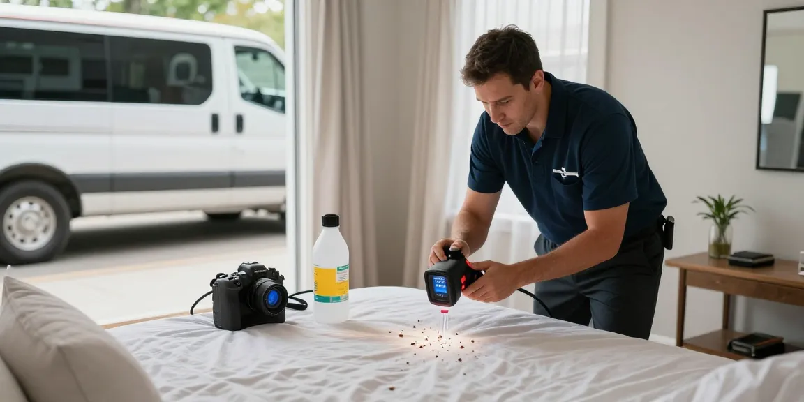 Effective bed bug control scene showing technician inspecting bedroom for pests using eco-friendly heat treatment.