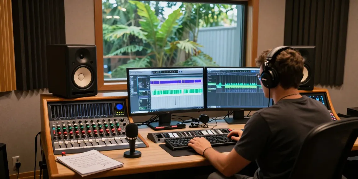 Sound design and audio editing course in a professional studio environment, featuring audio engineer working at a modern workstation with screens and equipment