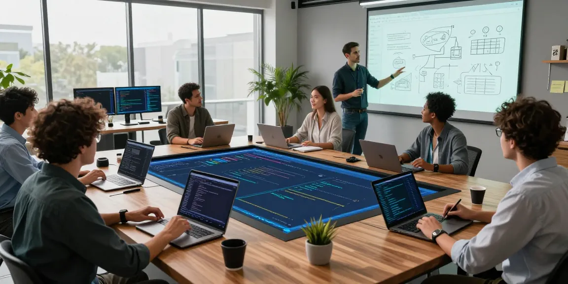 Collaboration among developers at romulus.digital showcasing advanced software projects and teamwork in a modern office.