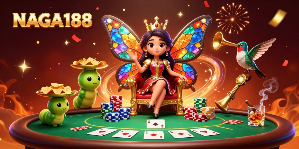 NAGA188 menghadirkan pengalaman kasino dengan ratu kupu-kupu dan chip emas menari, menggoda pemain untuk bertaruh.