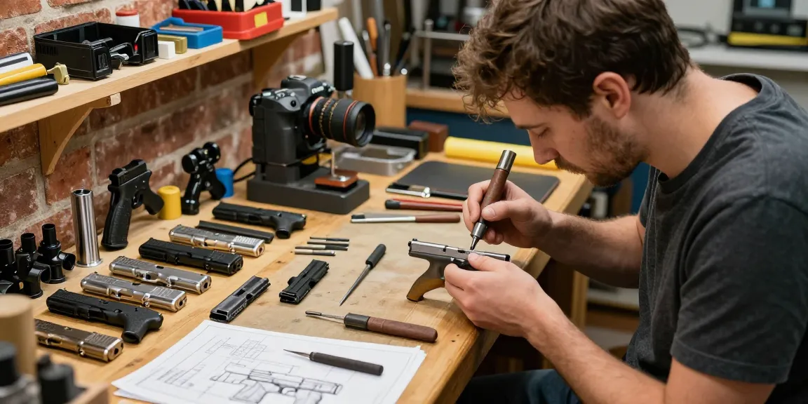 Customizing Glock slides at https://precisionglockslides.com in a well-equipped gunsmith workshop.