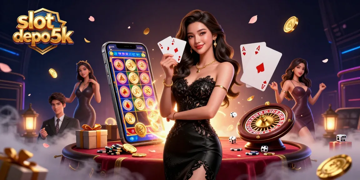 Play exciting slot depo 5k games with dynamic visuals, featuring decorative casino elements and vibrant atmosphere.
