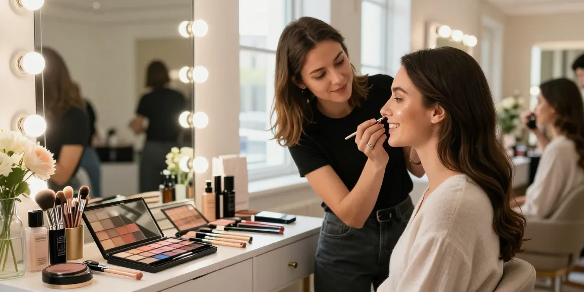 Makeup wholesale beauty scene with artist applying vibrant cosmetics in elegant salon