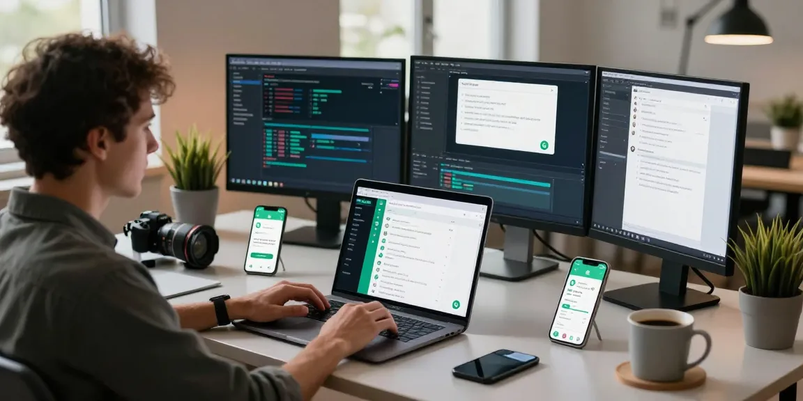 Creating WhatsApp下載 interface design in a vibrant tech workspace