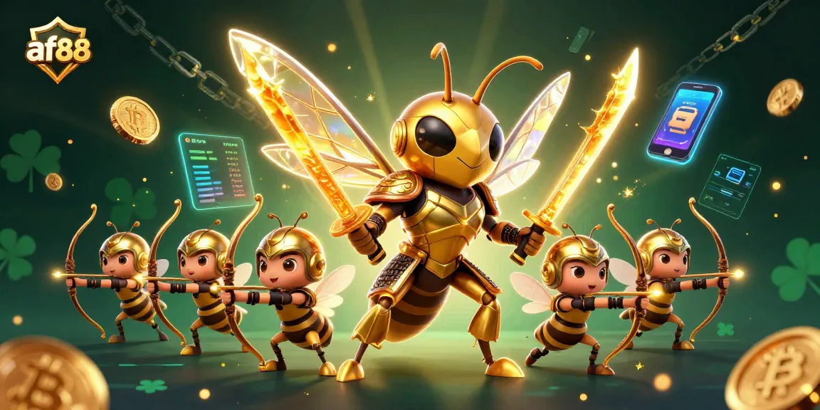 Engage in thrilling gameplay with af88's vibrant 3D scene of a hornet warrior amidst crypto-themed elements.
