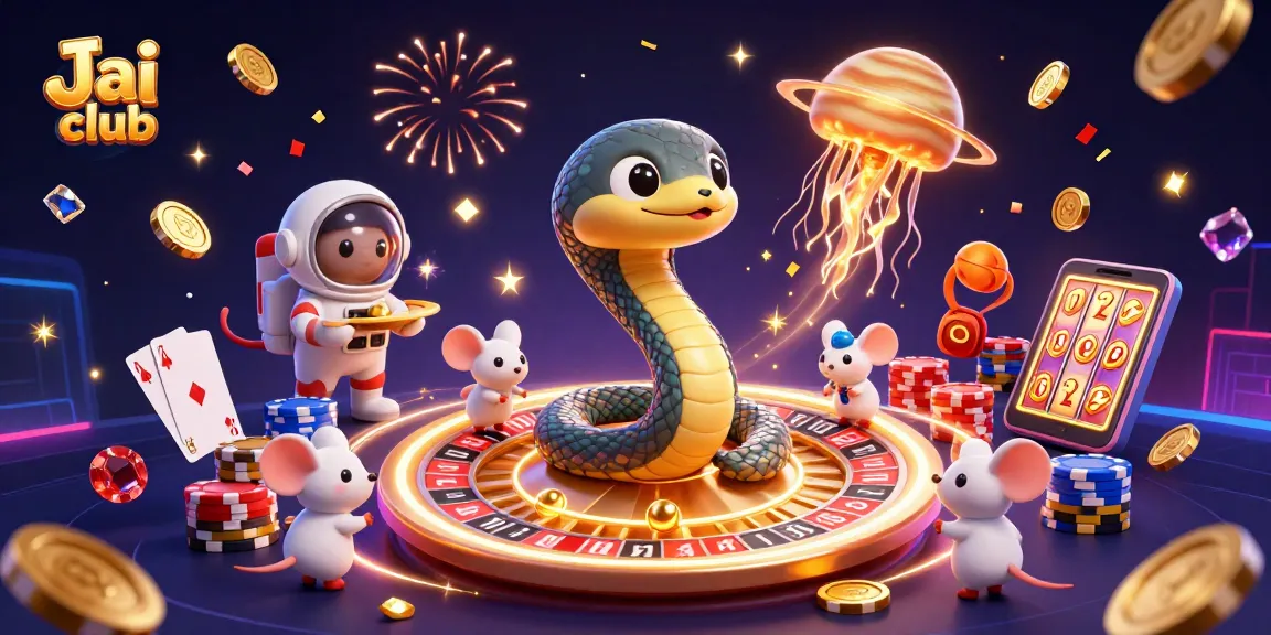 Engage with Jai club as tiny astronaut mice bet on a cosmic roulette wheel amidst vibrant casino elements.