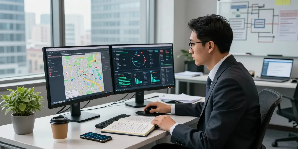 Focused financial investigator conducting asset tracing in a high-tech office with digital data visualizations.