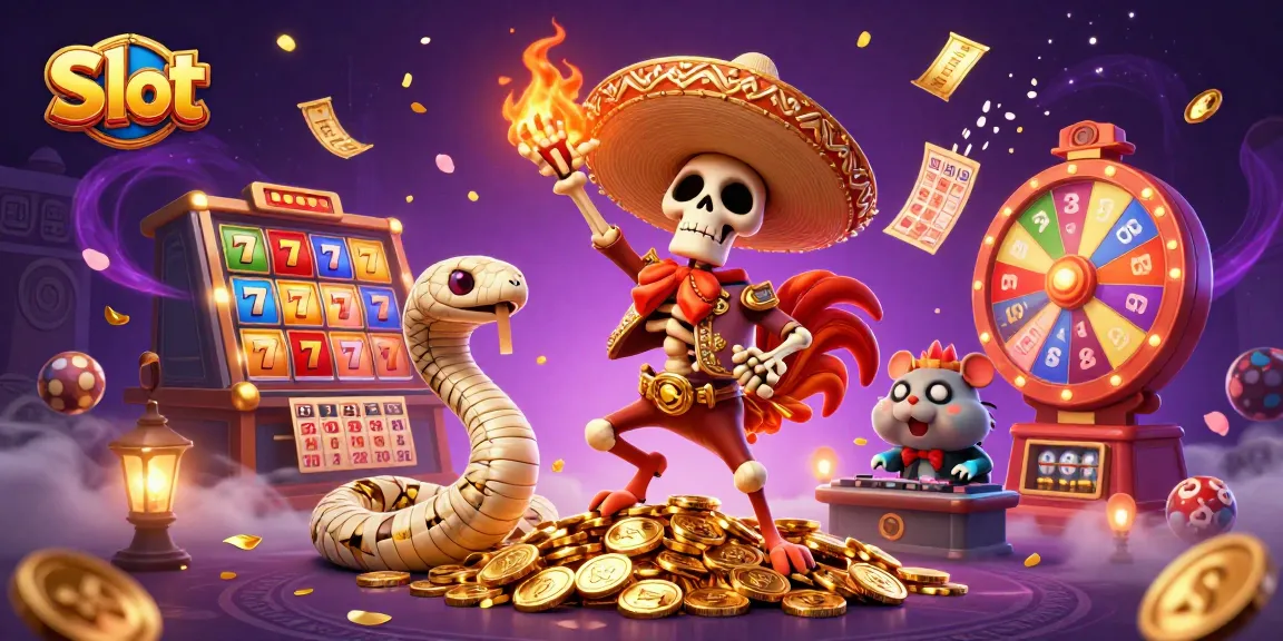 Spin the Slot reels with a vibrant scene featuring colorful characters, lucky symbols, and golden coins.