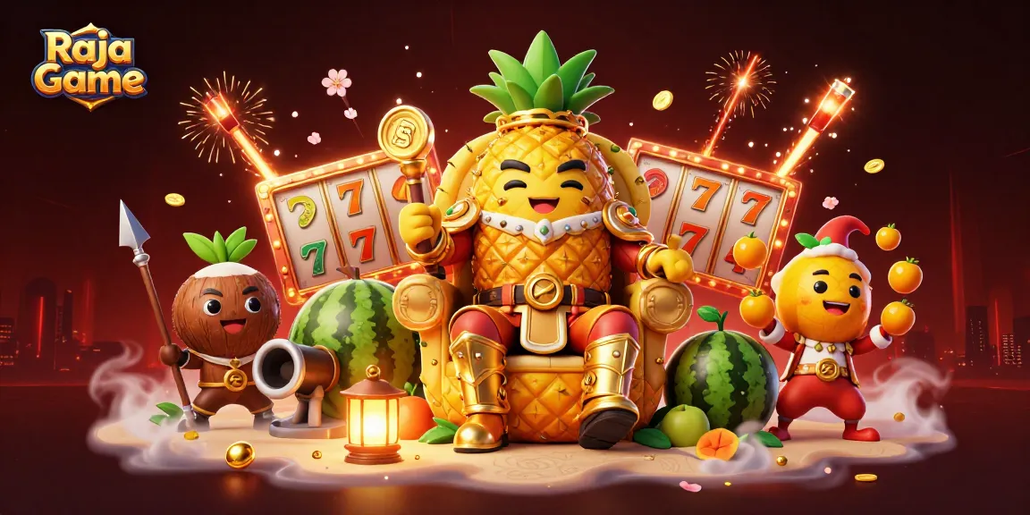 Win big with Raja Game in this vibrant, action-packed casino illustration filled with slot reels and rewards.