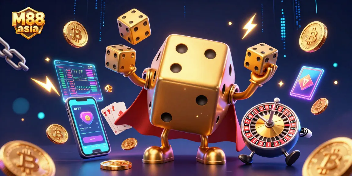 Watch the M88 asia dice golem juggling golden dice and crypto coins in a vibrant casino scene.