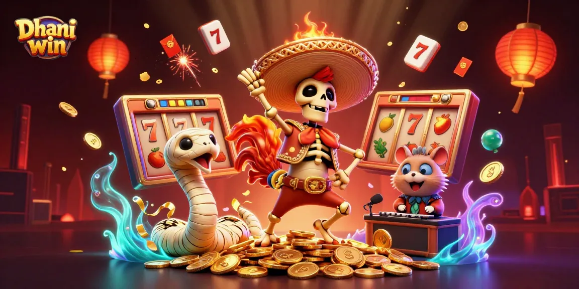 Engage with the vibrant Dhani win scene featuring a lively mariachi rooster and casino elements!