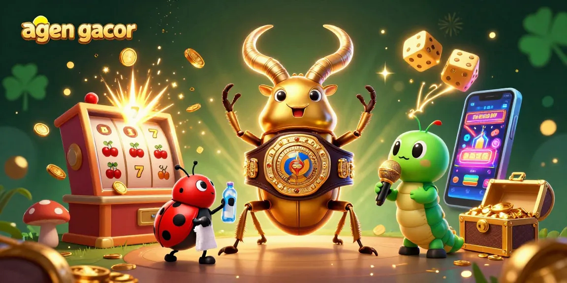 Experience winning with agen gacor in a lively casino scene featuring cartoon characters and slot symbols.