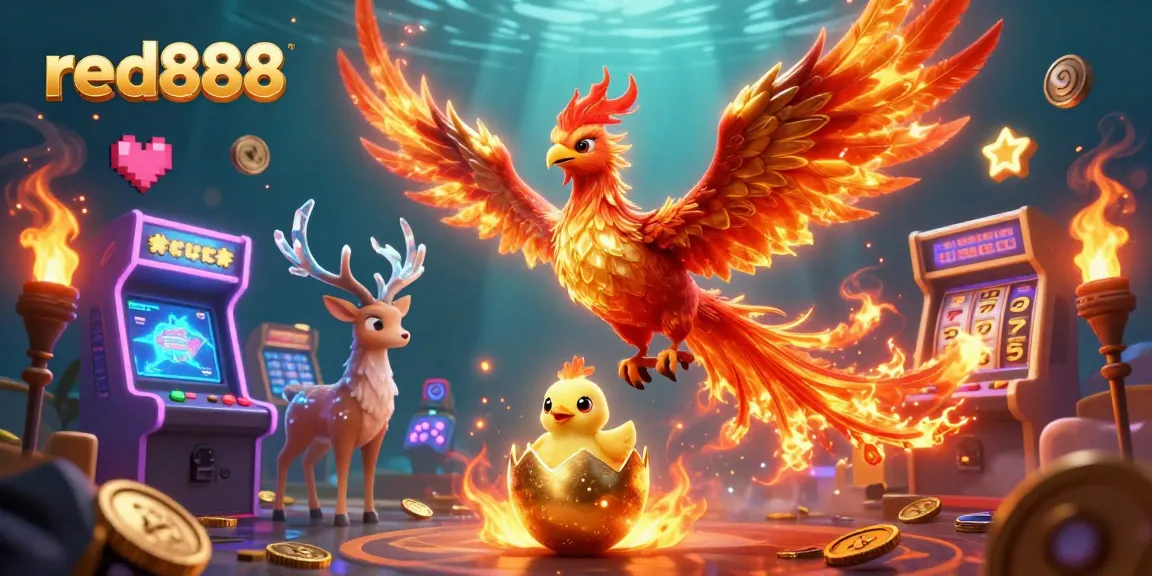 Experience the excitement at red888 with a vibrant 3D casino scene featuring a phoenix and engaging game elements.