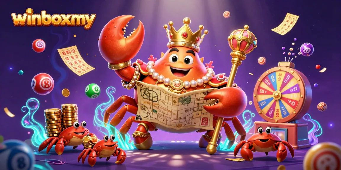 WinboxMY showcases a dynamic casino scene with vivid lottery elements and a golden crab character.