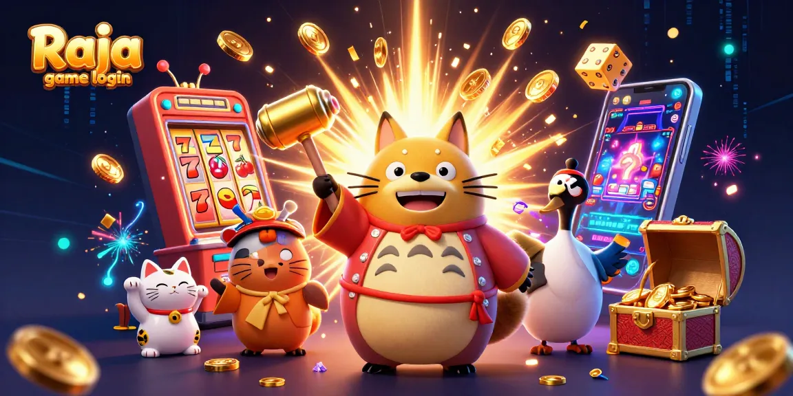 Experience exciting gaming action with Raja game login, featuring cheerful tanuki, color prediction elements, and slot machines.