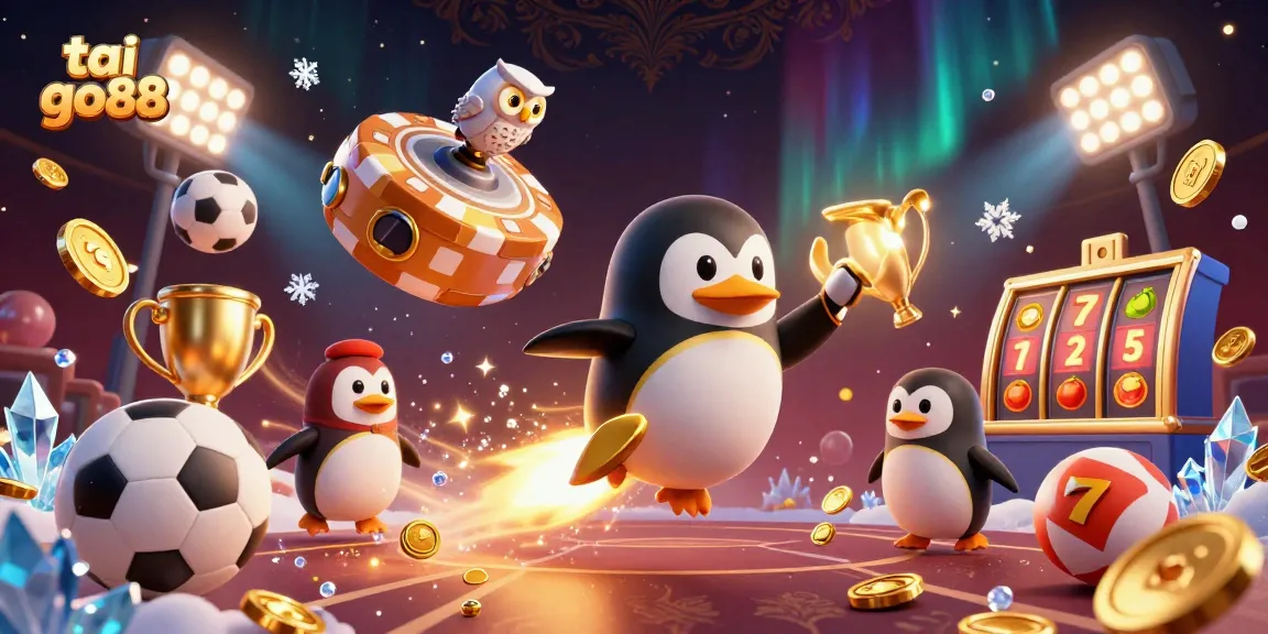 Experience the thrill of tai go88 with dynamic sports elements and golden coins in a vibrant casino-themed 3D illustration.