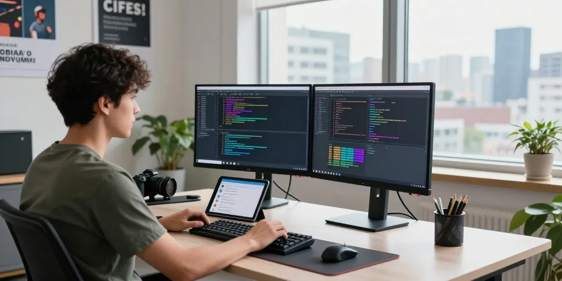 Developer coding at a modern workspace featuring telegram官网 integration for seamless communication.