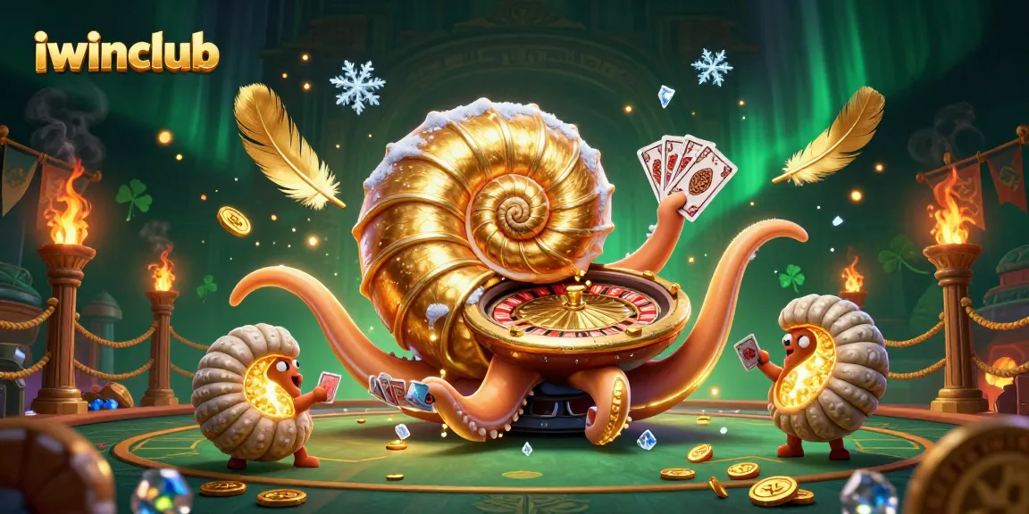 Engage with iwinclub's gaming experience featuring a giant nautilus roulette wheel and glowing ammonite fossils.
